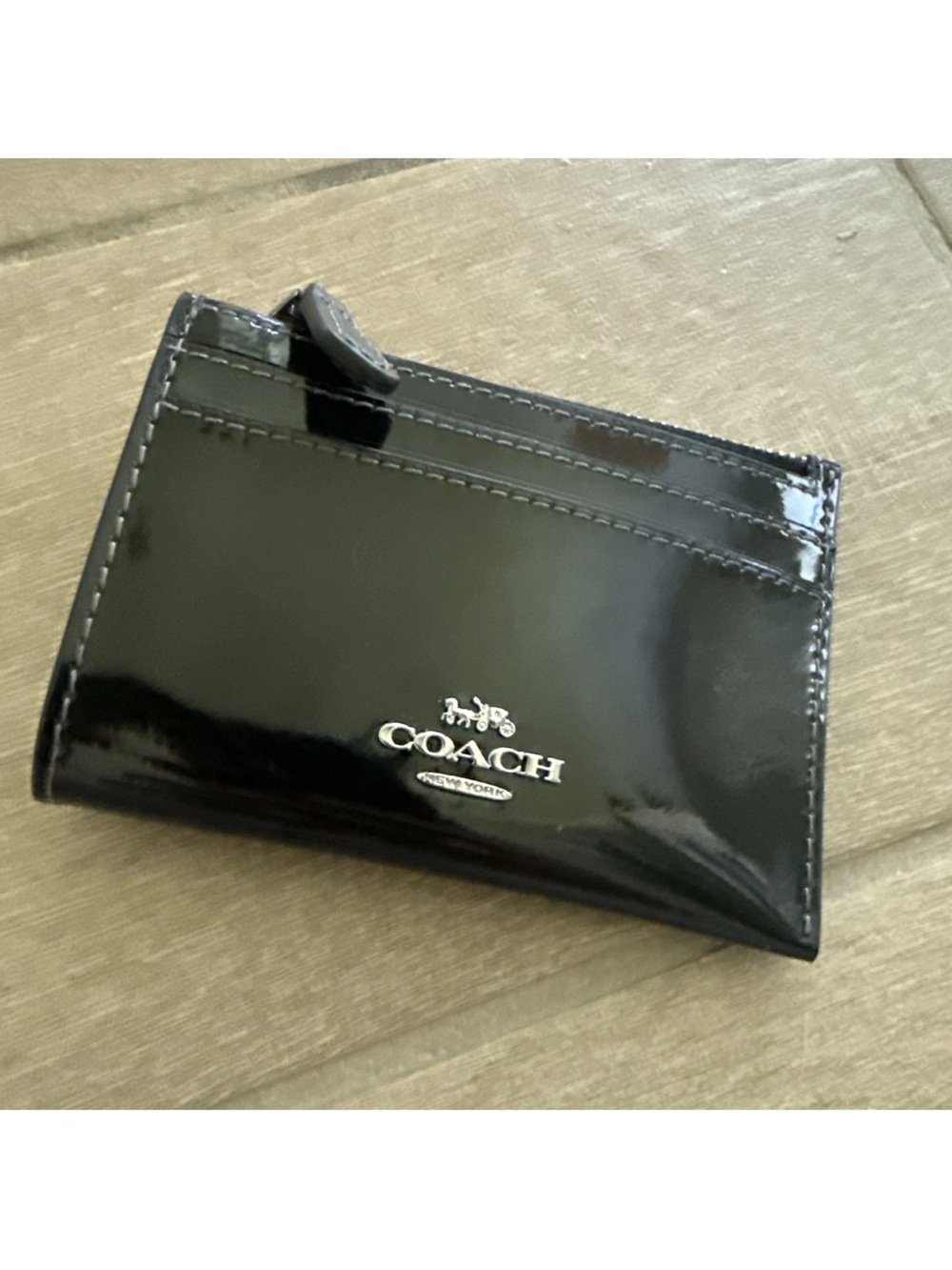 Coach Black Patent Leather Card Holder with Silver Logo CBL81